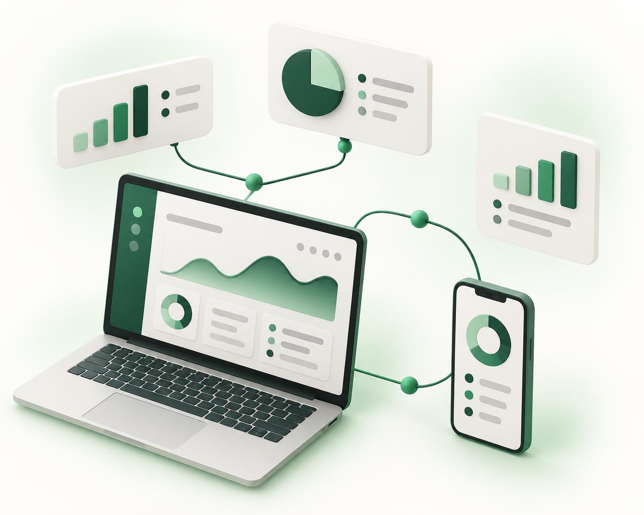 Illustration of a website, mobile app, and dashboards connected together